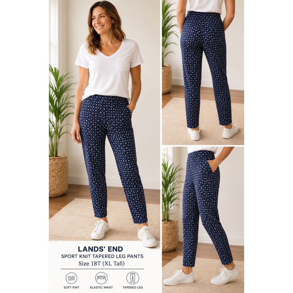 Lands’ End Sport Knit Tapered Leg Pull On Pants 18T XL Tall Navy Comfort Stretch